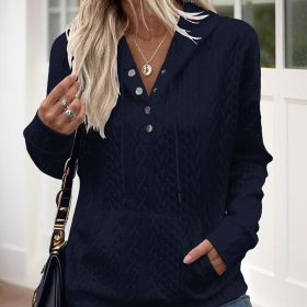 Women's V-Neck Solid Textured Long Sleeve Hoodie With Button Front & Kangaroo Pocket - Drawstring Hood Casual Pullover (Option: Black-M)