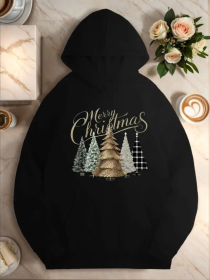 Plus Size Christmas Tree Hoodie For Women, Casual Style, Geometric Pattern,With Pocket Detail, For Fall Winter Season Hooded Sweatshirt (Option: Black-L)