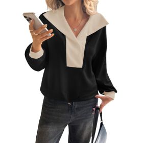 Fisoew Womens Cropped Oversized Sweatshirt Casual Lapel V Neck Long Sleeve Contrast Drawstring Loose Fit Fall Pullover Tops (Option: Black-M)