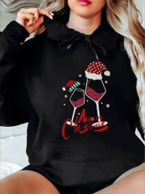 Women's Cozy Cotton Hoodie With Festive Wine Glass Print - Casual Pullover Sweatshirt, Perfect For All Seasons (Option: Black-S)