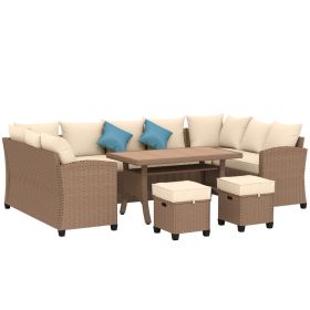 6 Piece Patio Furniture Set, PE Wicker Outdoor Furniture Conversation Set with 3 Sofas, 2 Ottomans and Slatted WPC Top Dining Table, All Weather (Option: Khaki-1330x170x800 mm)