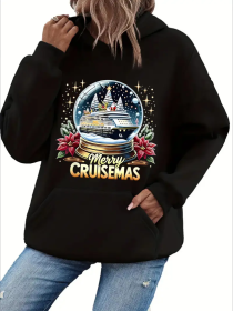 Women'S Casual Hooded Sweatshirt With Christmas Cruise Snow Globe Print, Long Sleeve With Kangaroo Pocket For All Seasons (Option: Black-S)