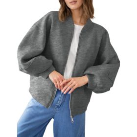 Fisoew Womens Zip Up Sweatshirt Casual Bomber Jacket Lantern Sleeve Oversized Jacket Fall Outfits 2025 (Option: Dark Grey-XXL)