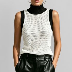 Women's Color Block Turtleneck Knit Tank Top, Sleeveless Hollow Out Mesh Sweater Vest (Option: White-XXL)
