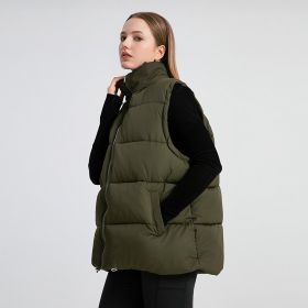 Women's Sleeveless Mid-length Stand-up Collar Thermal Down Cotton Thickened Vest (Option: Army Green-M)