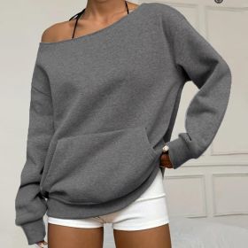 Fashionable Pullover Crew-Neck Off-Shoulder Sweatshirt For Women (Option: Dark Gray-S)