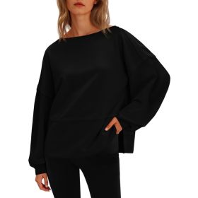 Fisoew Womens Casual Crewneck Sweatshirts Lantern Long Sleeve Side Slit Loose Sweatshirt Fall Crop Pullover Tops (Option: Black-S)