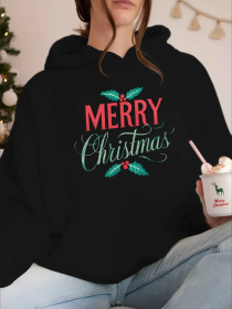 Plus Size Merry Christmas Hoodie For Women, Casual Style, Geometric Pattern, With Front Pocket, For Fall Winter Season, Hooded Sweatshirt (Option: Black-S)