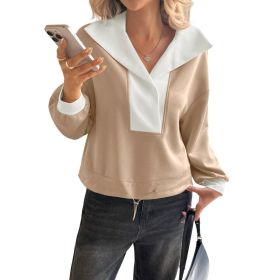 Fisoew Womens Cropped Oversized Sweatshirt Casual Lapel V Neck Long Sleeve Contrast Drawstring Loose Fit Fall Pullover Tops (Option: Khaki-L)