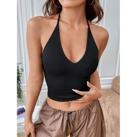 SHEIN EZwear Summer Solid Crop Halter Top (Option: Black-XL)