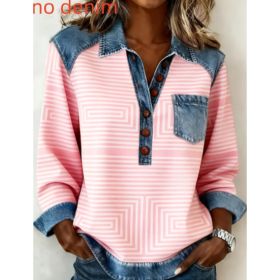 Denim Patchwork Collar Button-down Casual Long-sleeved Top (Option: Pink-M)
