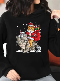 Women Plus Size Hoodie Christmas Cat Riding Big Cat Print Sweatshirt Long Sleeve Hoodie Drawstring (Option: Black-S)