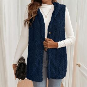 Women's Textured Sleeveless Hooded Vest, Button-Front Layering Piece For Fall & Winter Outfits (Option: Navy Blue-S)