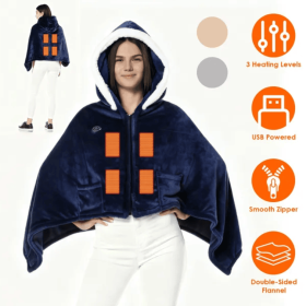 Wearable Heated Throw Blanket Double-Sided Flannel Portable Electric Heating Hoodie For Women Men Machine Washable 3 Heating Levels Battery Opera (Option: Dark Blue)