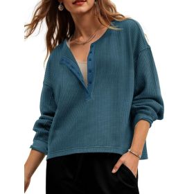 Fisoew Womens Cropped Sweatshirt Casual Waffle Knit Button V Neck Long Sleeve Loose Fit Fall Crop Tops (Option: Bluish Gray-XXL)