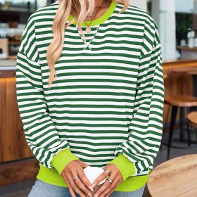 Women's Casual Crewneck Striped Long Sleeve Sweatshirt - Comfortable Loose Fit Ribbed Knit Top For Spring&Fall (Option: Blackish green-XL)