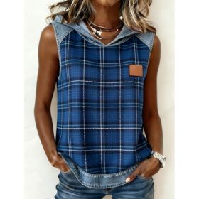 Casual Hooded Sleeveless Patchwork Denim-trimmed Loose-fitting Vest Sweatshirt For Women (Option: Dark Blue-S)