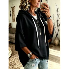 Womens Loose-fitting Hooded Top With Three-quarter Sleeves (Option: Black-S)