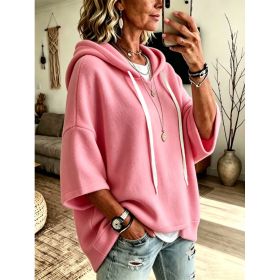 Womens Loose-fitting Hooded Top With Three-quarter Sleeves (Option: Pink-S)
