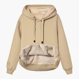 Autumn And Winter Warm Lamb Fleece Pocket Hooded Sports Sweatshirt Jacket For Women (Option: Khaki-S)