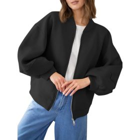 Fisoew Womens Zip Up Sweatshirt Casual Bomber Jacket Lantern Sleeve Oversized Jacket Fall Outfits 2025 (Option: Black-M)
