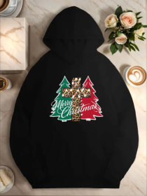Women'S Plus Size Casual Hoodie With Leopard Print Christmas Tree - Geometric Pattern,Fall Winter Hooded Sweatshirt With Pocket (Option: Black-S)