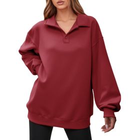 Fisoew Women Collared V Neck Sweatshirt Casual Oversized Long Sleeve Fashion Pullover Tops (Option: Burgundy-L)