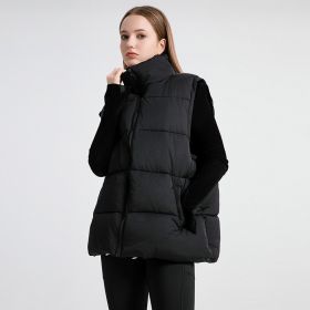 Women's Sleeveless Mid-length Stand-up Collar Thermal Down Cotton Thickened Vest (Option: Black-M)