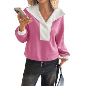 Fisoew Womens Cropped Oversized Sweatshirt Casual Lapel V Neck Long Sleeve Contrast Drawstring Loose Fit Fall Pullover Tops (Option: Pink-L)