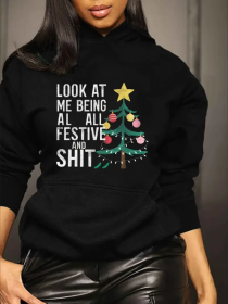 Festive Christmas Tree Graphic Hoodie, Women'S Plus Size Casual Hooded Sweatshirt With Pocket, Geometric Pattern Fall Winter Top (Option: Black-S)
