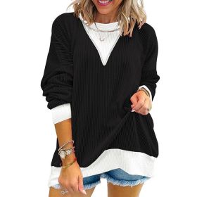 Women's Color Block Pullover - Casual Crewneck Long Sleeve Sweatshirt, Cute Loose Fit Top (Option: Black-2XL)