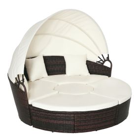 4-Piece Round Convertible Daybed with Cushions, Outdoor PE Rattan Patio Wicker Sofa Set, Sunbed with Adjustable Sun Canopy, Sectional Sofa, 2 Ch (Option: Cream White-1170x320x610 mm)