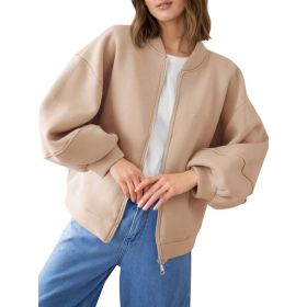Fisoew Womens Zip Up Sweatshirt Casual Bomber Jacket Lantern Sleeve Oversized Jacket Fall Outfits 2025 (Option: Khaki-XXL)