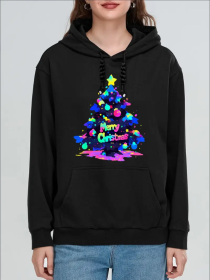 Women's Fashion Christmas Graffiti Christmas Tree Print Hoodies Long Sleeve Hood Sweatshirt Loose Fit Tops Fall Streetwear (Option: Black-2XL)