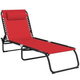 Folding Chaise Lounge Pool Chair with 4-Position Reclining Back, Pillow, Breathable Mesh & Bungee Seat, Wine Red (Option: Wine Red-750x150x610 mm)
