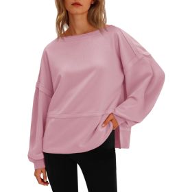 Fisoew Womens Casual Crewneck Sweatshirts Lantern Long Sleeve Side Slit Loose Sweatshirt Fall Crop Pullover Tops (Option: Pink-L)