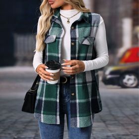 Women's Plaid Print Vest With Lapel Collar Long Sleeveless Button Front Mid-Length Jacket For Spring And Fall Layering (Option: Green-S)