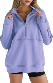 Women's Half Zip Sweatshirts Fleece Stand Collar Long Sleeve Thumb Hole Oversized Pullovers With Pockets (Option: Purple-XXL)
