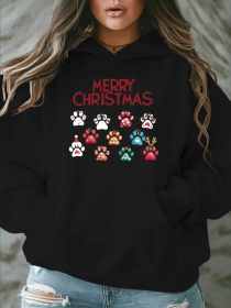 Women'S Plus Size Merry Christmas Hoodie - Casual  Pullover With Alphabet Pattern,  Oversized Hooded Sweatshirt With Pockets For Fall Winter (Option: Black-S)