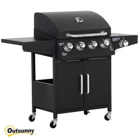 52" Barbecue Grill with Wheels 4+1 Burner Liquid Propane Gas Grill Outdoor Cabinet Style BBQ Trolley w/ Side Burner, Warming Rack (Option: Black-775x620x520 mm)