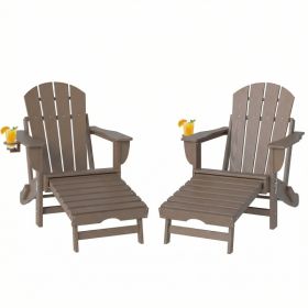 Folding Adirondack Chair Set of 2, HDPE Fire Pit Chair with Retractable Ottoman and Cup Holder, Brown (Option: Brown-900x420x550 mm)