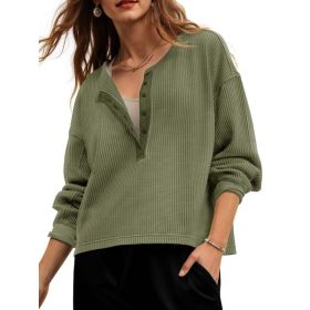 Fisoew Womens Cropped Sweatshirt Casual Waffle Knit Button V Neck Long Sleeve Loose Fit Fall Crop Tops (Option: Army Green-S)