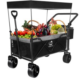 Collapsible Wagon 140L Wagons Carts Foldable With Removable Canopy, Folding Wagon Cart With Wheels For All-Terrain With Brake, Foldable Wagon Wit (Color: Black and grey)