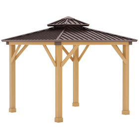  10' x 10' Hardtop Gazebo with Galvanized Steel Double Roof, Wooden Frame, Permanent Pavilion with Ceiling Light Hook, for Garden, Patio, Backyar (Option: Brown-2310x410x340 mm)
