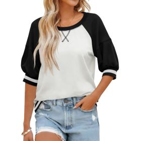 Fisoew Womens Crewneck Sweatshirt Ribbed Raglan Half Sleeve Pullover Tops Color Block Loose Fit Sweatshirts (Option: Black-XL)