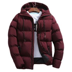 New Men's Pure Cotton Padded Jacket Hooded Coat (Option: Wine Red-M)
