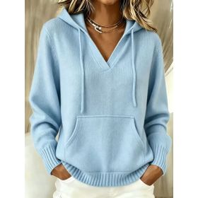 Kangaroo Pocket Knitted Hooded Drawstring Sweatshirt (Option: Light Blue-S)