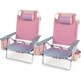 Set of 2 Backpack Beach Chair, 5-Position Lay Flat Camping Chairs with Cooler Bag, 2 Cup Holders, Towel Bar (Color: Pink-2 Pack)