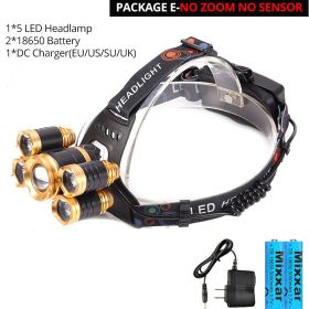 ZK25 Powerful LED Headlight headlamp 5LED T VI Head Lamp 8000lumens Torch head light 18650 battery Best For Camping/fishing (Plug Type: UK, Emitting Color: Option E)