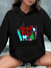 Christmas Dental Crew Graphic Hoodie For Women, Festive Santa & Gifts Print, All-Season Hooded Sweatshirt Comfortable Lightweight Casual Wear (Option: Black-2XL)